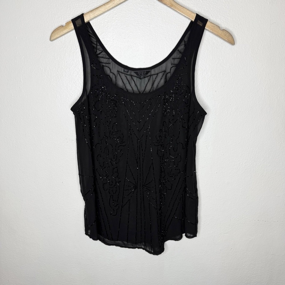 Guess Sheer Black Beaded Tank Top Whimsigoth Dark Fairy‎ Y2K Womens XS